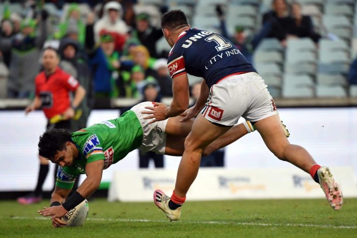 Raiders Xavier Savage scores a try during the NRL Round 13 match between the Canberra Raiders and the Sydney Roosters at GIO Stadium in Canberra, Sunday, June 5, 2022.