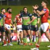 Players react at full-time during the NRL Round 16 match between the St. George Illawarra Dragons and the Canberra Raiders at WIN Stadium in Wollongong, Sunday, July 3, 2022