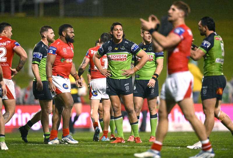 Players react at full-time during the NRL Round 16 match between the St. George Illawarra Dragons and the Canberra Raiders at WIN Stadium in Wollongong, Sunday, July 3, 2022