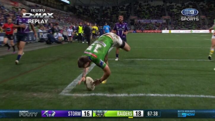 WHAT. A. TRY!  James Schiller you are KIDDING!  #NRLStormRaiders | LI...
