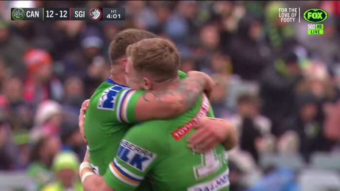 Charge down!  All effort from the Raiders.  Watch #NRLRaidersDragons on ch. 502 or stream…