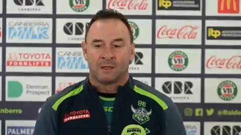 Raiders coach Ricky Stuart talks to the media about Saturday evening’s match against the...