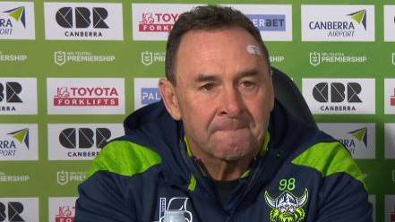 Raiders coach Ricky Stuart gets emotional talking about Jack Wighton's brilliant performance. Picture screengrab