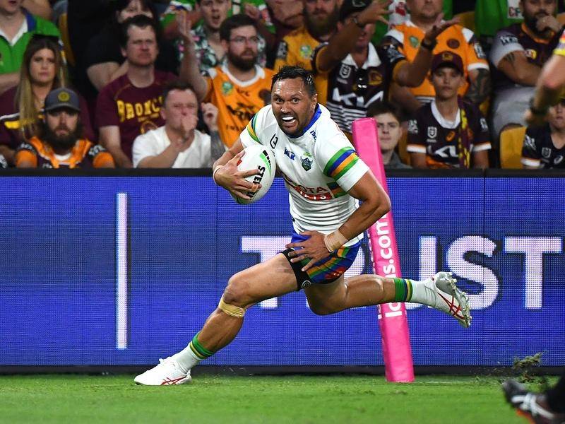 Jordan Rapana scored twice to help Canberra to a stunning 20-14 NRL win at the Brisbane Broncos. (Jono Searle/AAP PHOTOS)