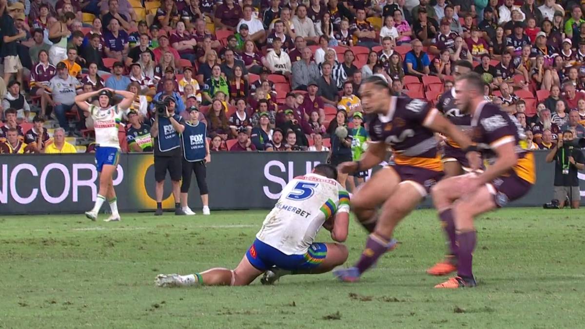 Jordan Rapana was hit by Martin Taupau's knee as he defused a Broncos bomb. Picture Fox Sports