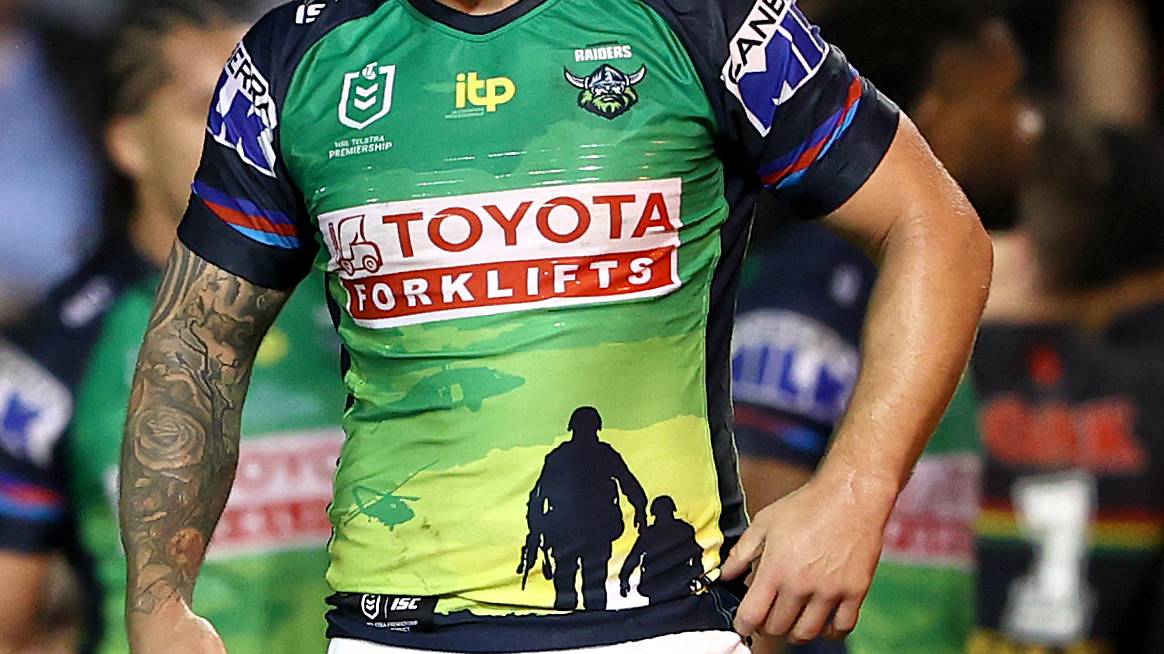 The image in question on the jersey, which Canberra wore away against Penrith in round seven last year. Picture Getty Images