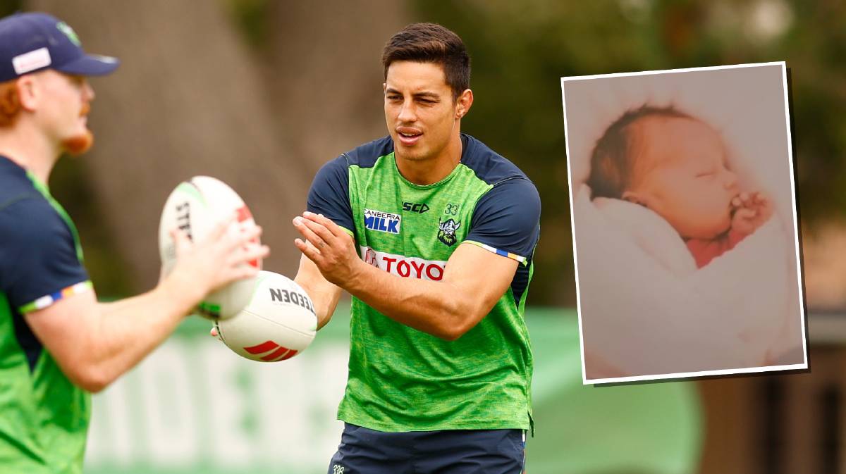 Joe Tapine at Raiders training and inset, his daughter Ilua. Pictures Keegan Carrol/Instagram.