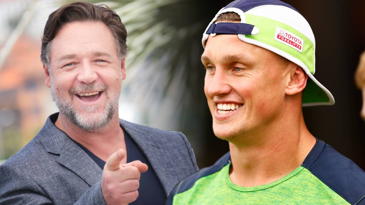 South Sydney owner Russell Crowe and Raiders star Jack Wighton who will have Crowe as his new boss at the Rabbitohs. Pictures by Shutterstock and Keegan Carroll