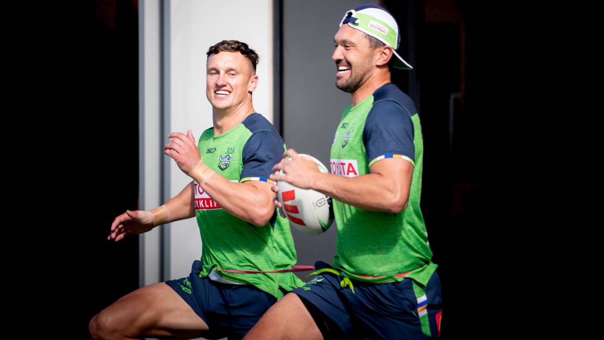 Jack Wighton and Jordan Rapana at Raiders training. Picture by Elesa Kurtz