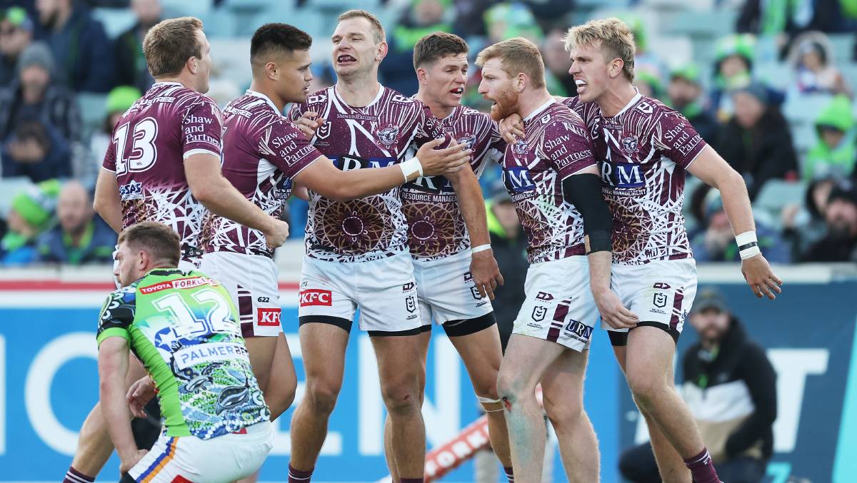 Tom Trbojevic scored a hat-trick in a big Manly win. Picture Getty Images