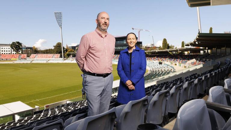 Venues ACT executive branch manager Matthew Elkins with Cricket ACT chief executive Olivia Thornton at Manuka Oval. Picture by Keegan Carroll