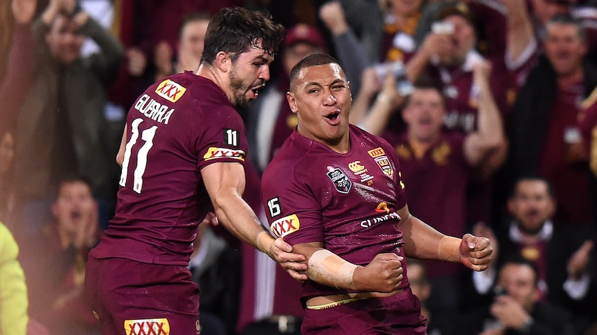 Josh Papalii and Aidan Guerra celebrate a try for the Queensland Maroons during State of Origin Game III