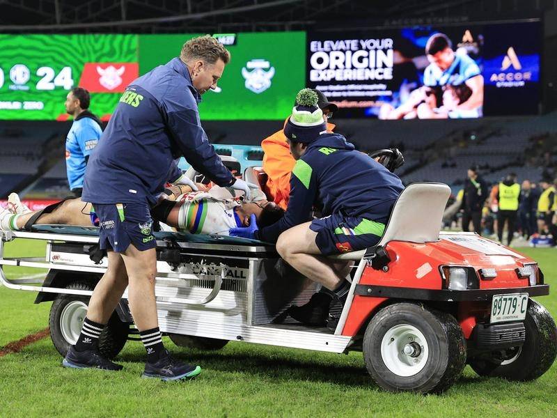 Corey Harawira-Naera has been taken to hospital during Canberra's 33-26 win over South Sydney. (Mark Evans/AAP PHOTOS)