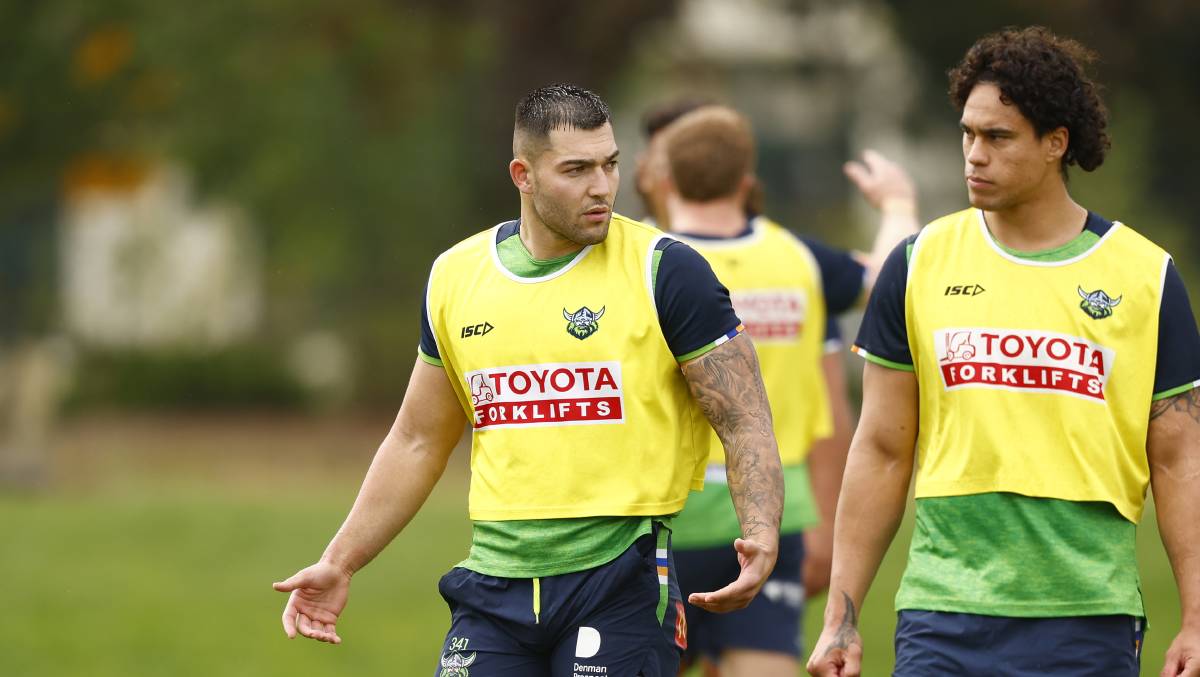 Raiders prop Pasami Saulo, right, says winger Nick Cotric could play in the middle if needed. Picture by Keegan Carroll