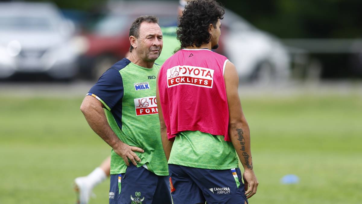 Raider coach Ricky Stuart with Xavier Savage. Picture by Keegan Carroll