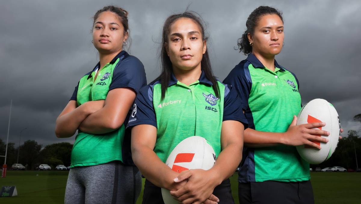 Simaima Taufa, middle, and Zahara Temara, right, are two of the leading contenders for the inaugural Raiders NRLW captaincy. Picture by Sitthixay Ditthavong