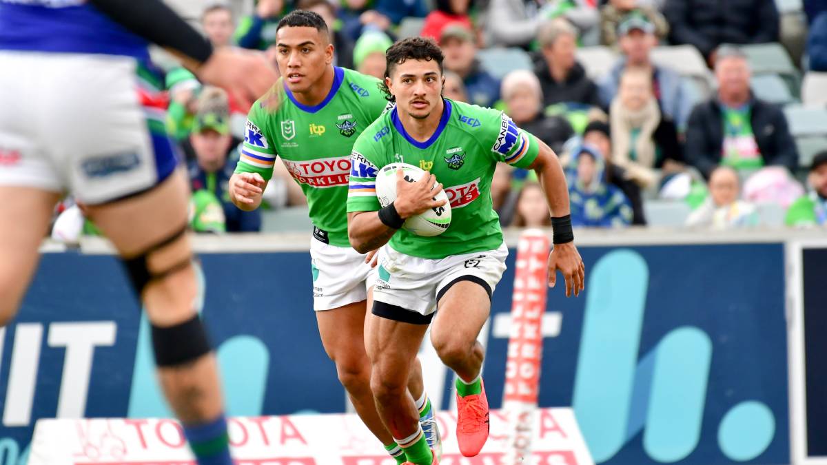 Raiders winger Albert Hopoate, left, will miss Magic Round due to his sister's wedding - opening the door for Xavier Savage to potentially return. Picture by Elesa Kurtz