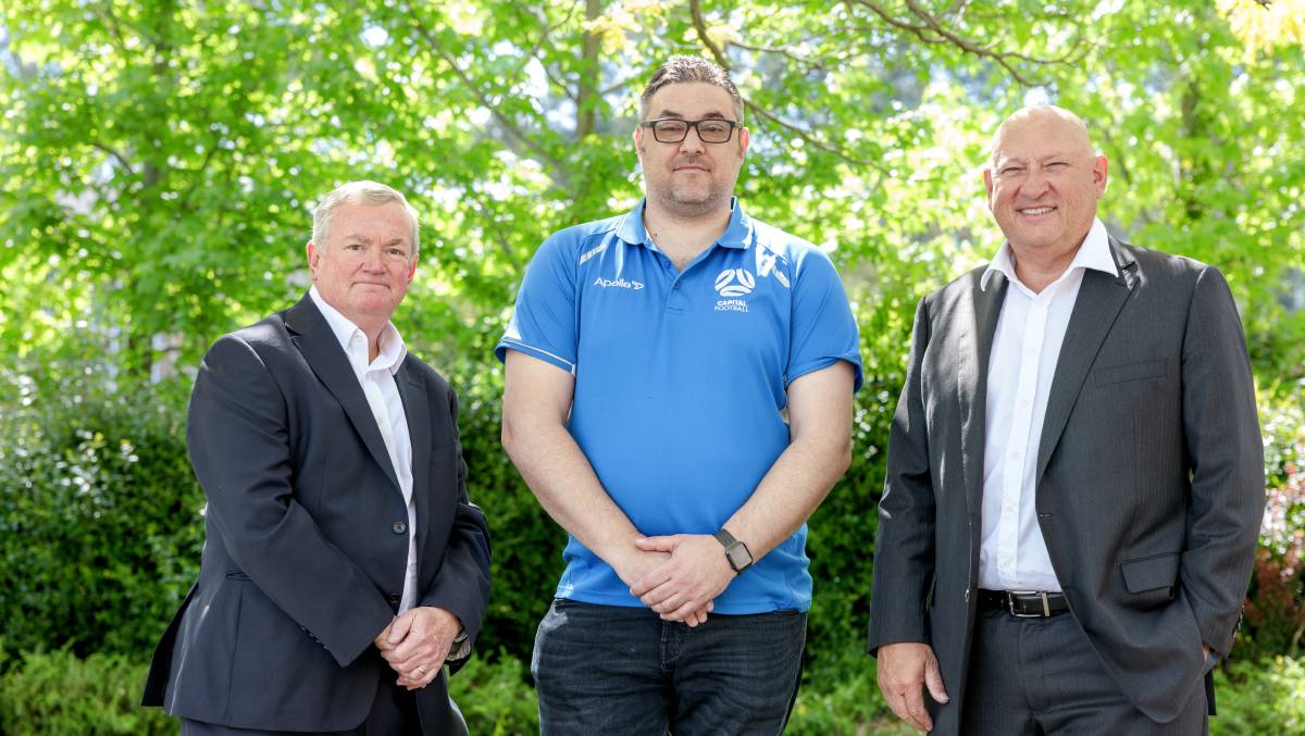 Capital Football chairman Angelo Konstantinou, middle, and chief executive Ivan Slavich, right, were both shocked by the $870,000 loss that occurred last year under former chief executive Chris Gardiner's, left, watch. Picture by Sitthixay Ditthavong