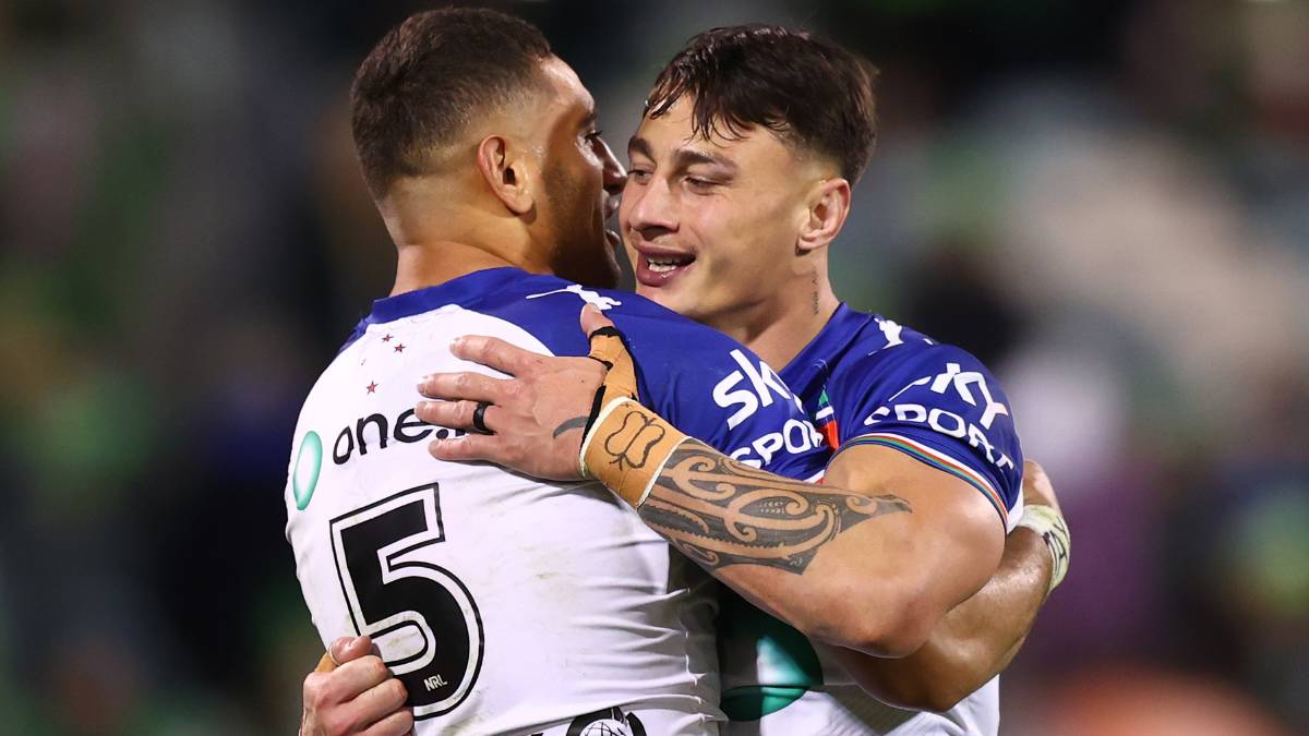 Charnze Nicoll-Klokstad celebrates the Warriors' win over Canberra. Picture Getty Images