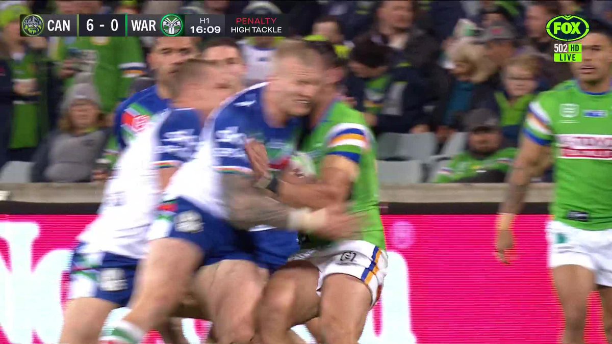 Barnett is sent to the sin bin after this hit on Rapana. Thoughts?  Watch #NRLRaidersWarr...