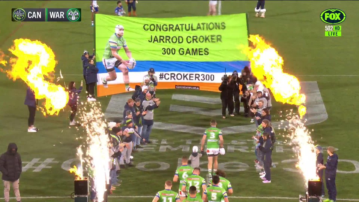 Here comes the milestone man Jarrod Croker for game 300!  Watch #NRLRaidersWarriors on ch...