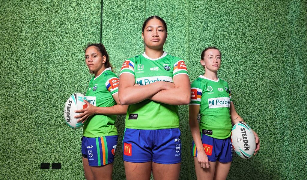 Shakiah Tungai, Monalisa Soliola and Emma Barnes were excited about the Raiders first NRLW home game. Picture by Sitthixay Ditthavong