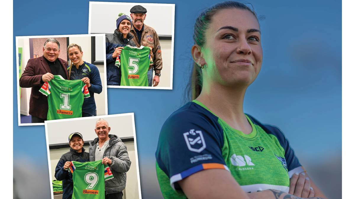 The newest Raiders were presented their jerseys by club greats ahead of the NRLW opener. Pictures by Gary Ramage (main), Raiders Media (insets)