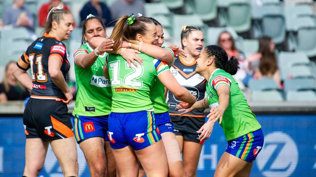 Hollie-Mae Dodd celebrates a try in the Raiders' win. Picture by Elesa Kurtz