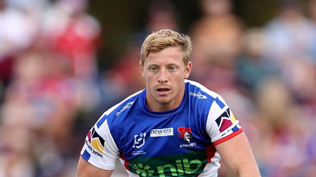 MUDGEE, AUSTRALIA - APRIL 01: Lachlan Miller of the Knights runs the ball during the round five NRL match between Manly Sea Eagles and Newcastle Knights at Glen Willow Sporting Complex on April 01, 2023 in Mudgee, Australia. (Photo by Brendon Thorne/Getty Images)