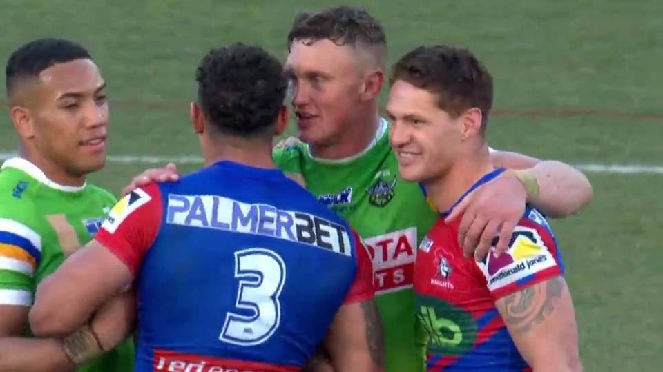 Jack Wighton and Kalyn Ponga share a moment after full-time. Picture Kayo