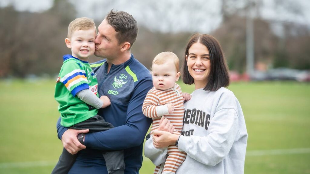 Jarrod Croker will hang up the boots but in wife Brittney, and sons Rory and Tate, he has a family who adore Canberra. Picture by Karleen Minney