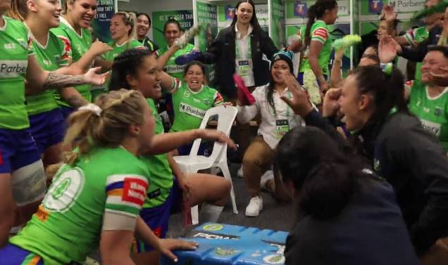 Raiders NRLW players sing the team song in the changerooms. Picture Raiders Media