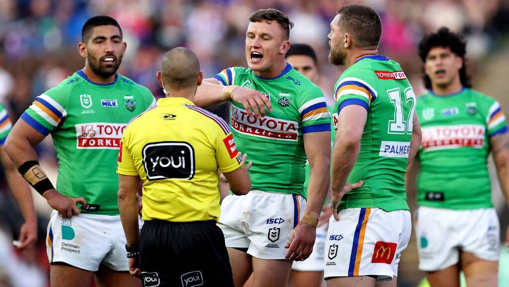 Jack Wighton pleads his case to referee Ashley Klein. Picture Getty Images