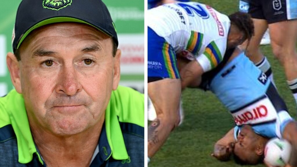 Ricky reacts to lucky escape after horrific spear tackle on Sharks winger.