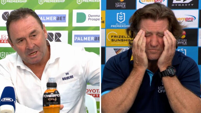 Des Hasler and Ricky Stuart have been involved in a war of words after a referee drama erupted in the Raiders’ dramatic win.