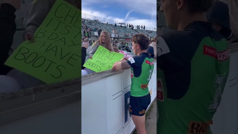VIDEO: Chevy Stewart had a special birthday present for one lucky fan 💚 #WeAreRaiders #NRL