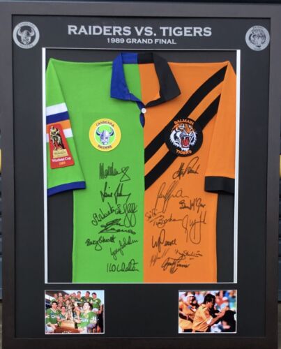 Blazed In Glory - 1989 Canberra Raiders & Tigers Split Signed & Framed Jersey