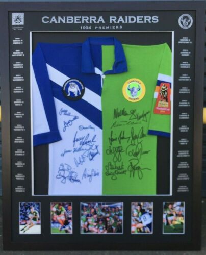 Blazed In Glory - 1994 Canberra Raiders & Bulldogs Split Signed & Framed Jersey