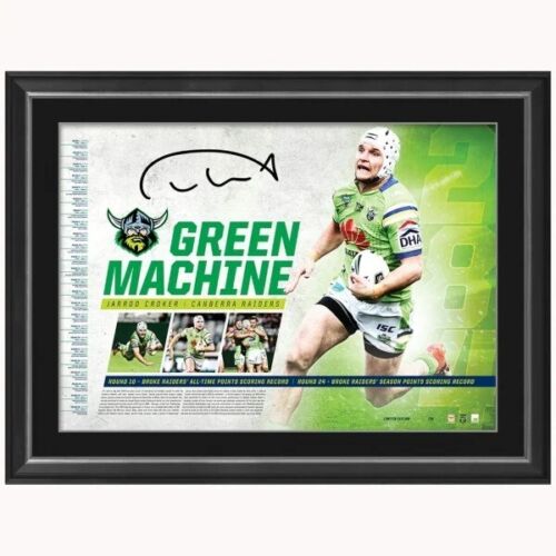 JARROD CROKER CANBERRA RAIDERS SIGNED LIMITED EDITION GREEN MACHINE FRAMED PRINT