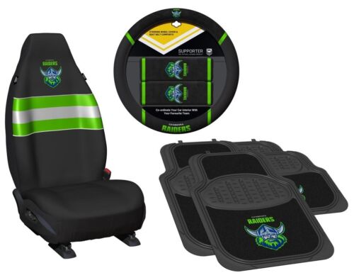 SET OF 3 CANBERRA RAIDERS NRL CAR SEAT + STEERING WHEEL COVERS + 4 FLOOR MATS