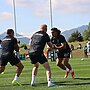 Joseph Tapine (right) runs at teammates James Fisher-Harris and Griffin Neame during NZ training. Photo: HANDOUT/New Zealand Rugby League