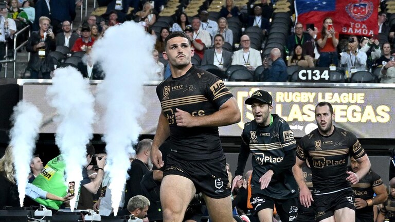 Nathan Cleary. NRL match between the Penrith Panthers and the Cronulla Sharks at Allegiant Stadium on March 01, 2025, in Las Vegas, Nevada.