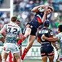 Jack Bostock goes up for the ball against the Raiders.