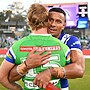 Canterbury's Stephen Crichton (right) hugs the Raiders' Zac Hosking after their clash in Canberra. Photo: HANDOUT/NRL PHOTOS