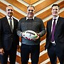 New Perth Bears coach Mal Meninga with NRL CEO Andrew Abdo and the WA-based franchise's CEO Anthony De Ceglie.