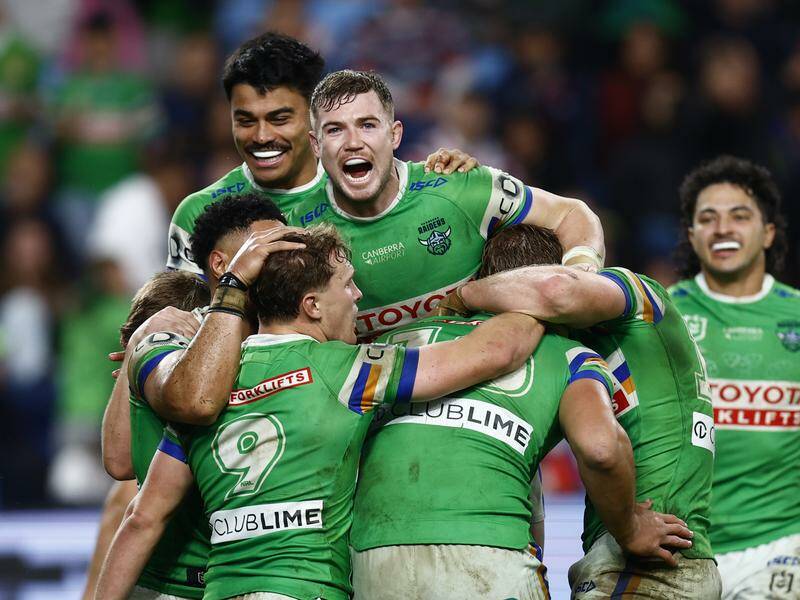 The Raiders have held on for a 16-12 win against the fast-finishing Wests Tigers. Photo: HANDOUT/NRL PHOTOS