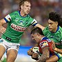 Pasami Saulo, right, playing for Canberra against Newcastle last year. Picture by Jonathan Carroll