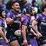 Eli Katoa has scored two of six Melbourne tries in the win over the Knights in Newcastle. Photo: Joel Carrett/AAP PHOTOS