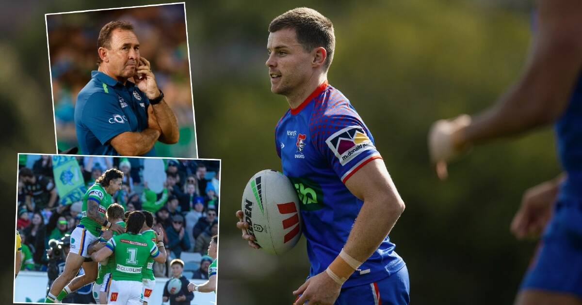 Jayden Brailey and inset, Canberra players and coach Ricky Stuart. Pictures by Marina Neil, Gary Ramage and Keegan Carroll