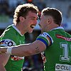 Jed Stuart (l) has scored a brace to help leaders Canberra beat the Eels for an eighth win in a row. Photo: Mick Tsikas/AAP PHOTOS